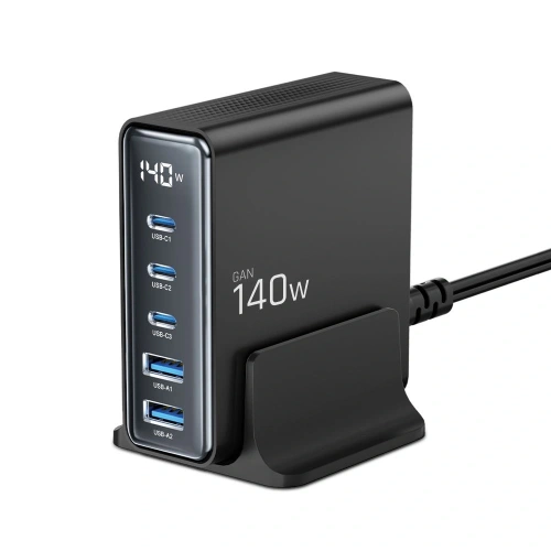 Stacja ładująca Tech-Protect DC140W-GAN 5 portowa 2xUSB-A, 3xUSB-C Desktop Charger PD140W / QC3.0 Black
