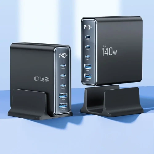 Stacja ładująca Tech-Protect DC140W-GAN 5 portowa 2xUSB-A, 3xUSB-C Desktop Charger PD140W / QC3.0 Black