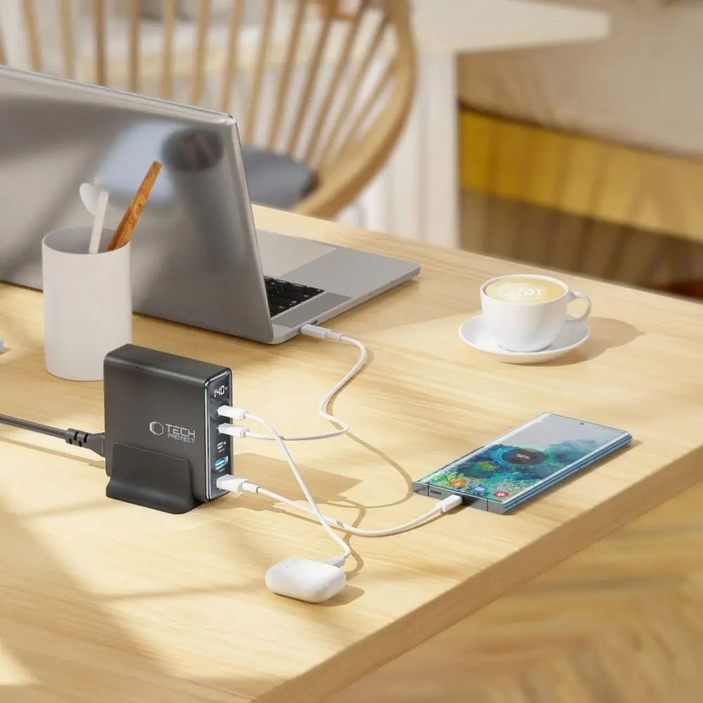 Hurtownia GSM - Tech-Protect DC140W-GAN încărcător desktop cu 5 porturi 2xUSB-A, 3xUSB-C PD140W / QC3.0 Negru - THP3467 - {ean13} - Hurt