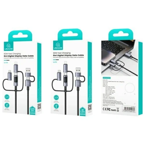 Kabel USAMS USB-A, USB-C / USB-C, Lightning, MicroUSB Fast charging 60W 1.2m Data Cable Digital display Aluminium Alloy Seria Sufeng