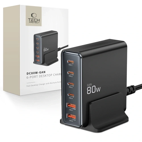 Stacja ładująca Tech-Protect DC80W-GAN 6 portowa 2xUSB-A, 4xUSB-C Desktop Charger PD80W / QC3.0 Black