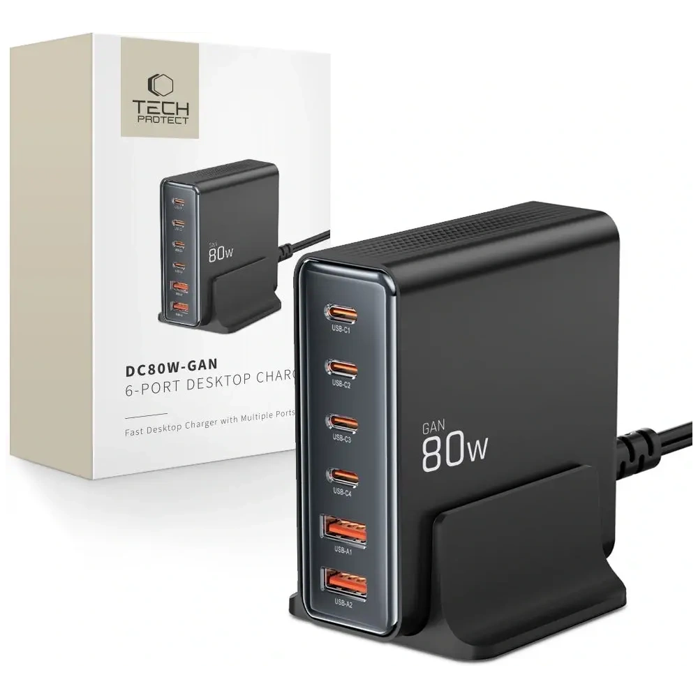 Hurtownia GSM - Tech-Protect stație de încărcare DC80W-GAN 6-porturi 2xUSB-A, 4xUSB-C încărcător desktop PD80W / QC3.0 negru - THP3478 - {ean13} - Hurt