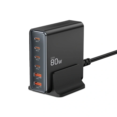 Stacja ładująca Tech-Protect DC80W-GAN 6 portowa 2xUSB-A, 4xUSB-C Desktop Charger PD80W / QC3.0 Black