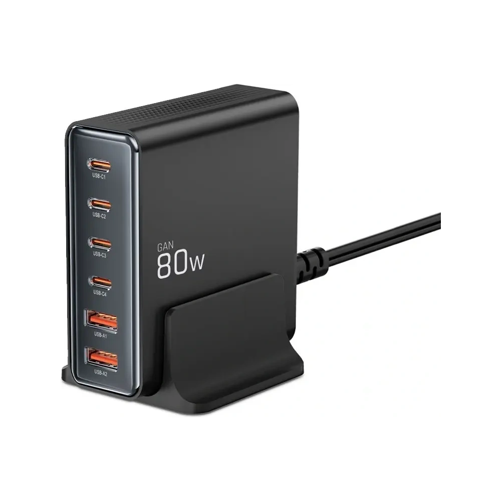 Hurtownia GSM - Tech-Protect stație de încărcare DC80W-GAN 6-porturi 2xUSB-A, 4xUSB-C încărcător desktop PD80W / QC3.0 negru - THP3478 - {ean13} - Hurt