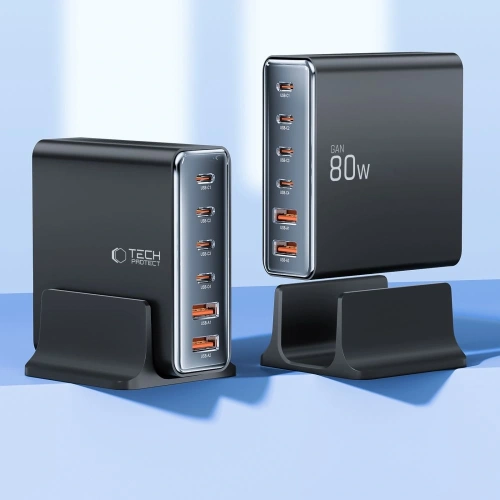 Stacja ładująca Tech-Protect DC80W-GAN 6 portowa 2xUSB-A, 4xUSB-C Desktop Charger PD80W / QC3.0 Black