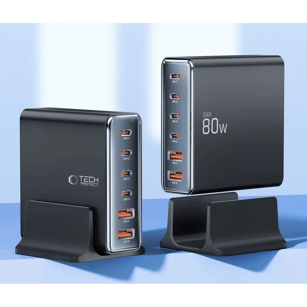 Hurtownia GSM - Tech-Protect stație de încărcare DC80W-GAN 6-porturi 2xUSB-A, 4xUSB-C încărcător desktop PD80W / QC3.0 negru - THP3478 - {ean13} - Hurt