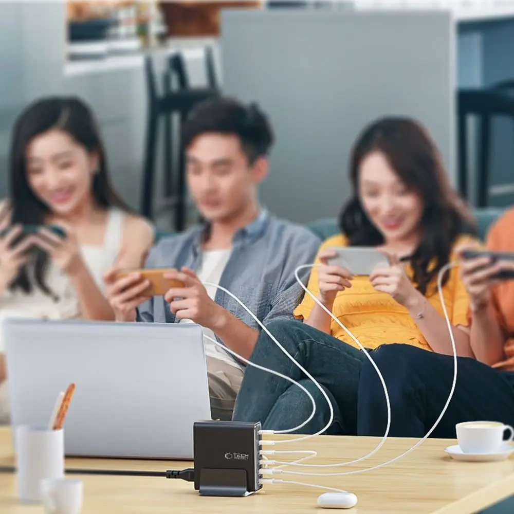 Hurtownia GSM - Tech-Protect stație de încărcare DC80W-GAN 6-porturi 2xUSB-A, 4xUSB-C încărcător desktop PD80W / QC3.0 negru - THP3478 - {ean13} - Hurt