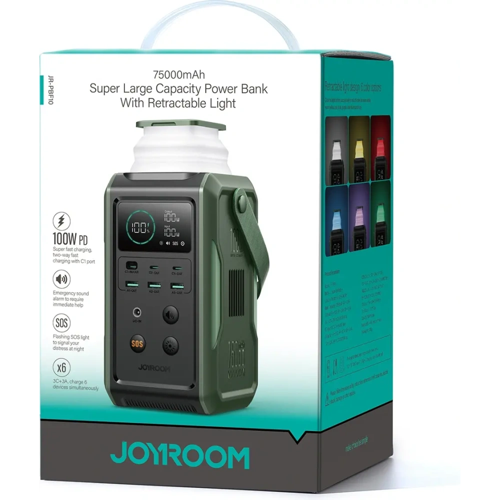 Wholesale Joyroom JR-PBF10 power bank 75000mAh 100W 3xUSB-A, 3xUSB-C with foldable flashlight and handle green - JYR1070 - {ean13} - Hurt