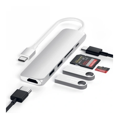 Adapter Satechi 6-in-1 Slim Multiport USB-C / USB-C, 2x USB-A, 4K HDMI, Micro/SD, Ethernet