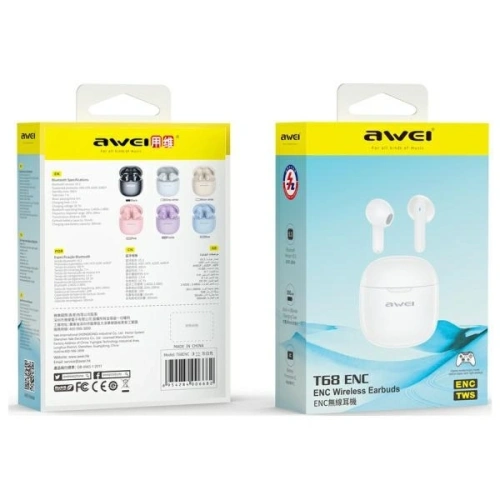 Bezprzewodowe słuchawki douszne AWEI T68 Bluetooth 5.3 ENC TWS + stacja dokująca biały/white