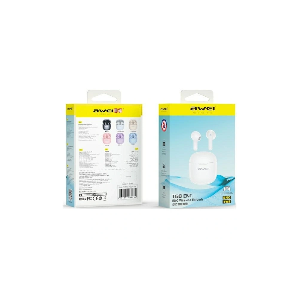 Hurtownia GSM - Căști wireless in-ear AWEI T68 Bluetooth 5.3 ENC TWS + stație de încărcare albă - AWEI232 - {ean13} - Hurt