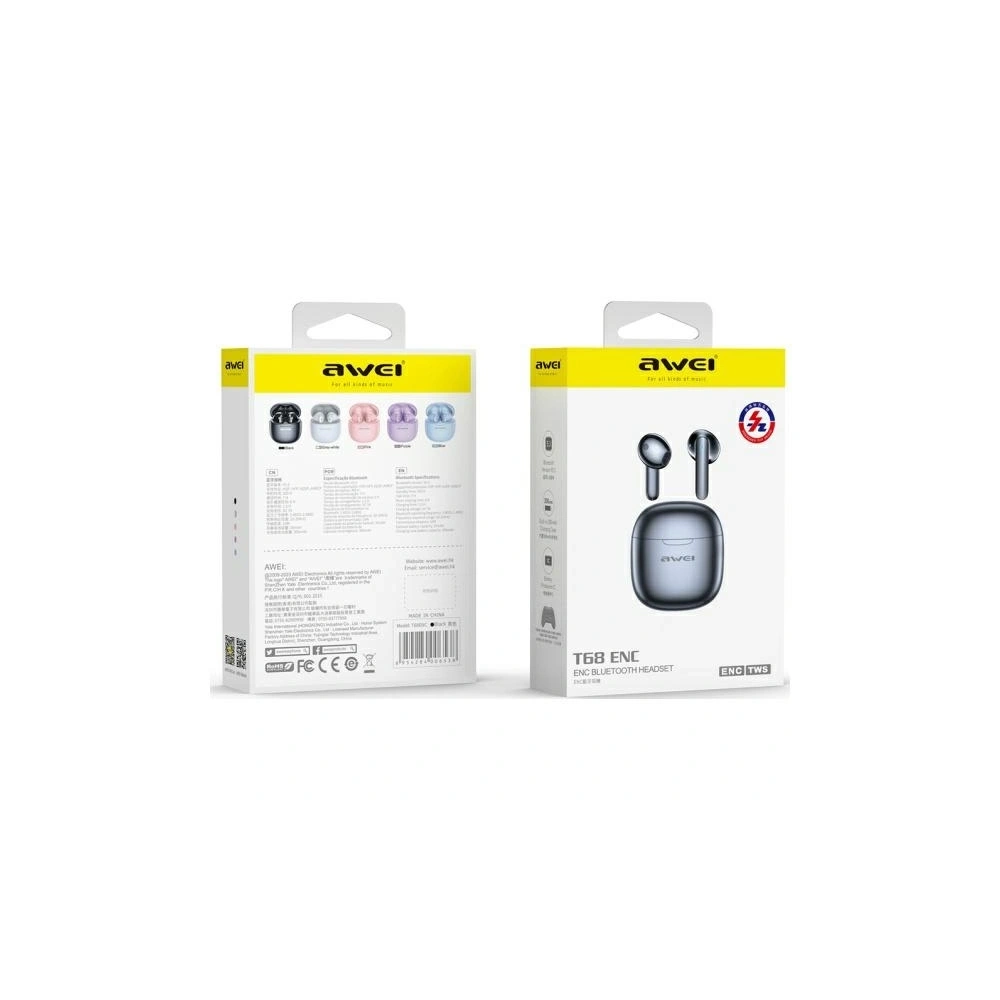 Hurtownia GSM - Bezdrátová sluchátka do uší AWEI T68 Bluetooth 5.3 ENC TWS + dokovací stanice černá/black - AWEI233 - {ean13} - Hurt
