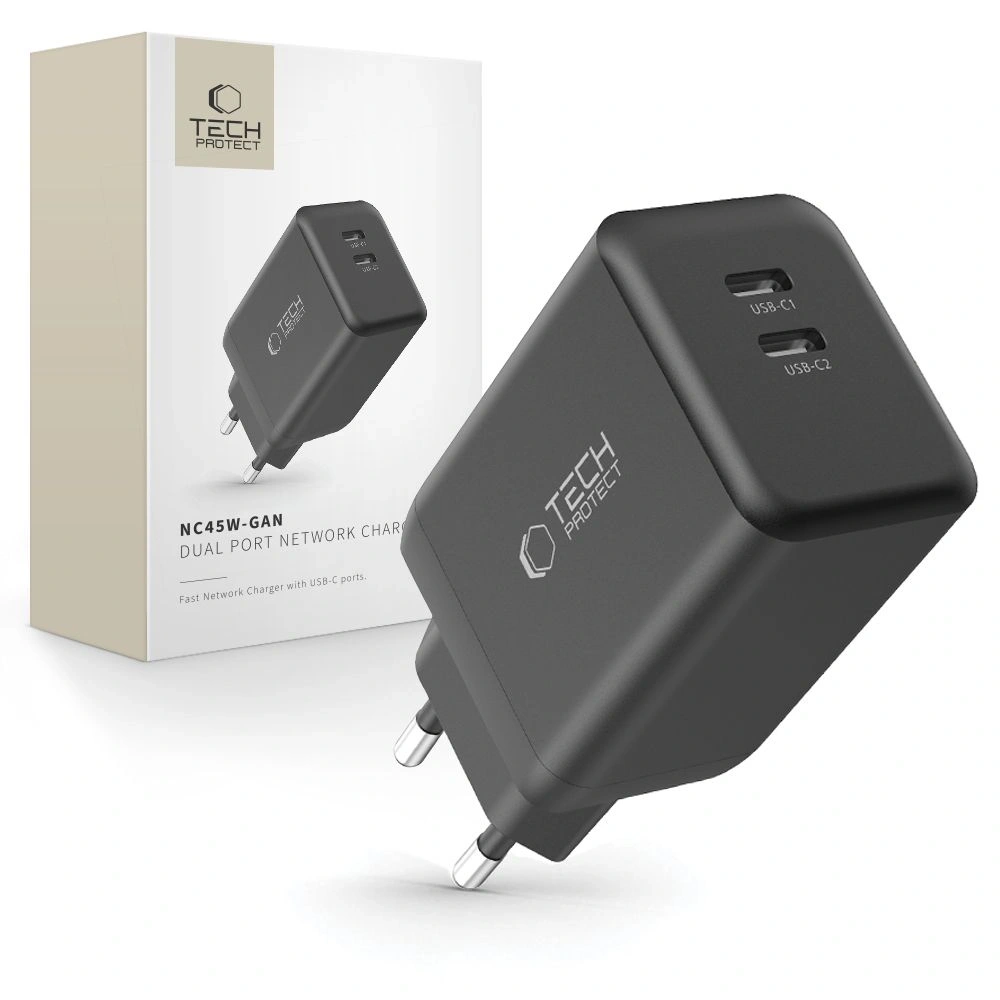 Hurtownia GSM - Tech-Protect NC45W-GAN 2xUSB-C Hálózati Töltő PD45W Fekete - THP3545 - {ean13} - Hurt