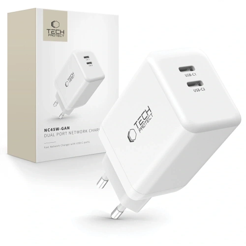 Ładowarka sieciowa Tech-Protect NC45W-GAN 2xUSB-C Network Charger PD45W White