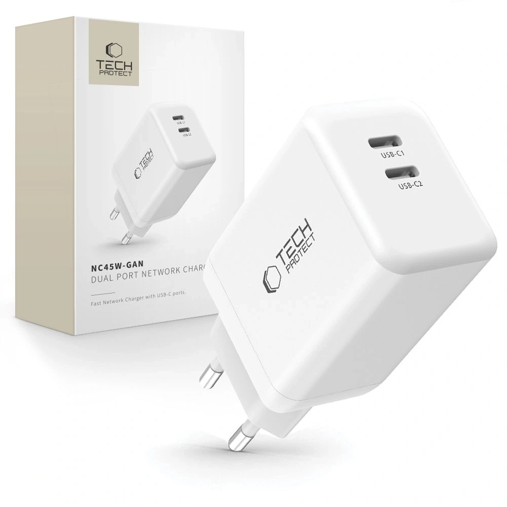 Hurtownia GSM - Tech-Protect NC45W-GAN 2xUSB-C Hálózati Töltő PD45W Fehér - THP3549 - {ean13} - Hurt