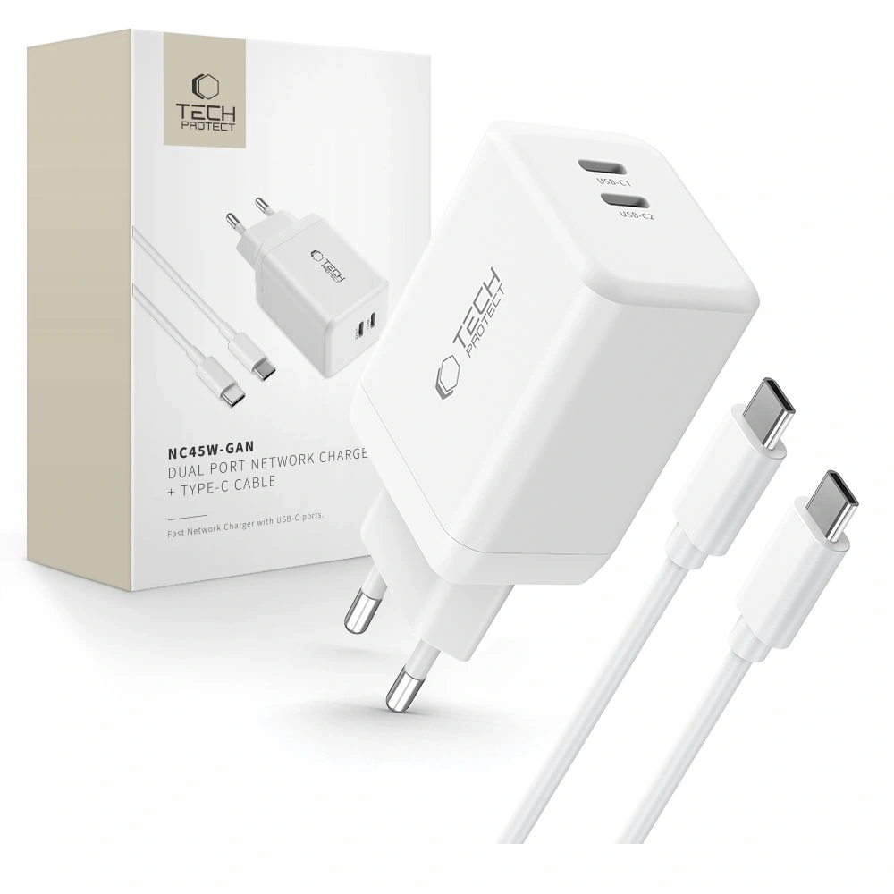 Hurtownia GSM - Tech-Protect NC45W-GAN 2xUSB-C Hálózati Töltő PD45W + USB-C Kábel Fehér - THP3550 - {ean13} - Hurt