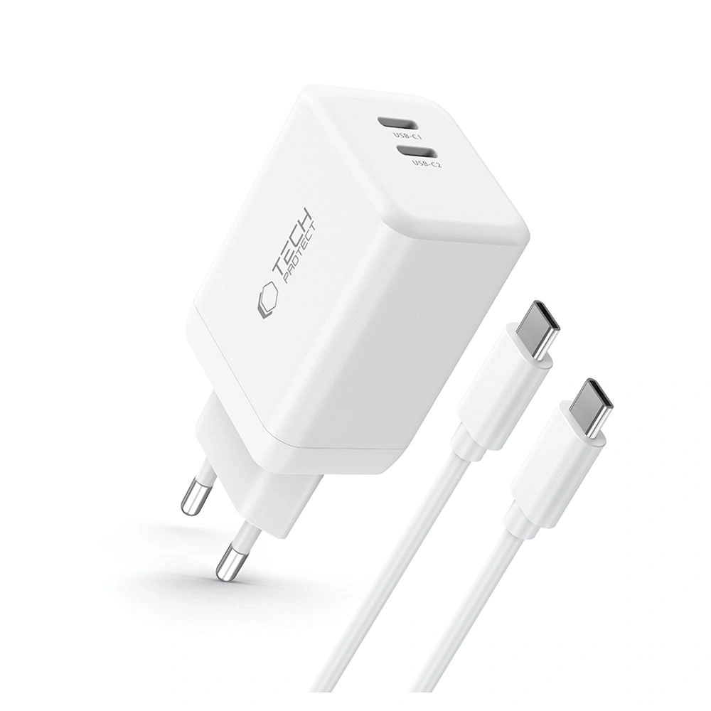 Hurtownia GSM - Tech-Protect NC45W-GAN 2xUSB-C Hálózati Töltő PD45W + USB-C Kábel Fehér - THP3550 - {ean13} - Hurt