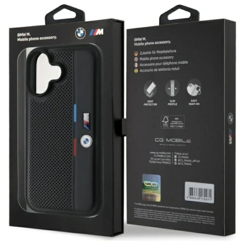 Etui BMW BMHCP16S23PUPVK Apple iPhone 16 hardcase M Perforated Tricolor Detail Line czarny/black