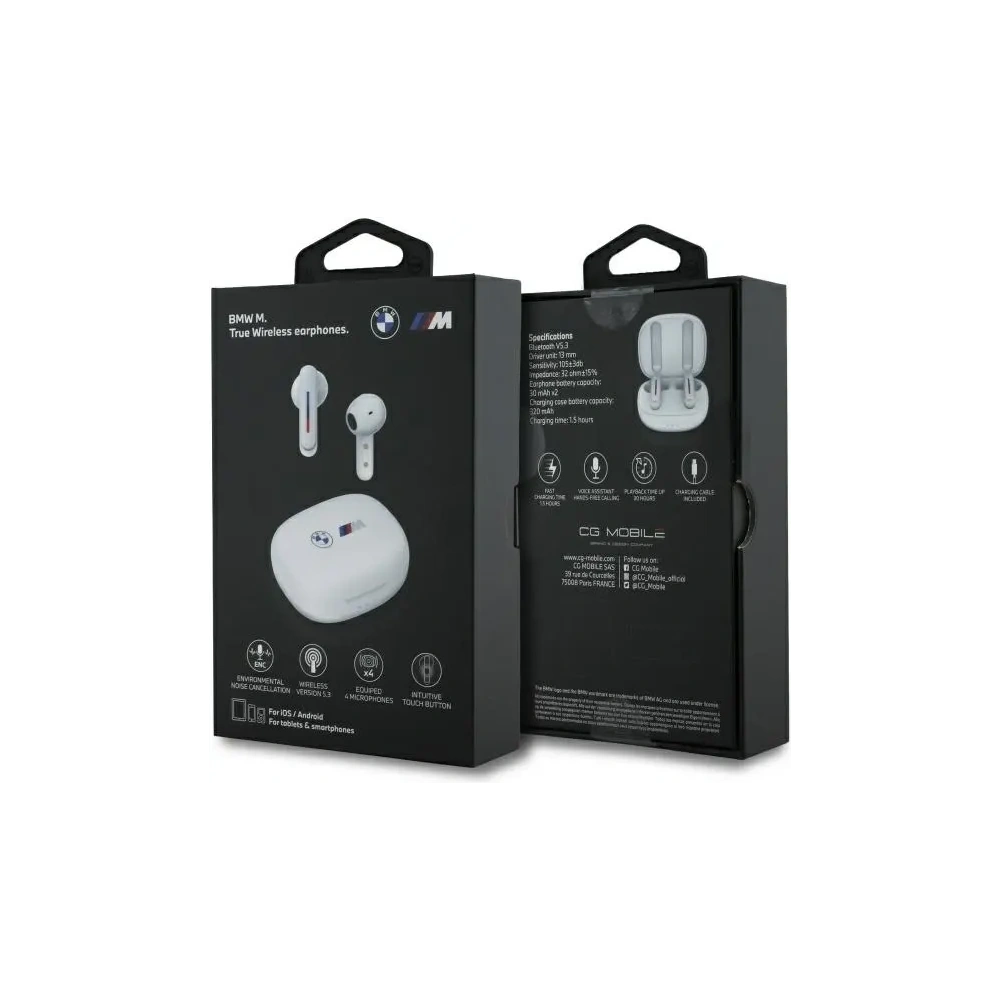Hurtownia GSM - BMW BMBEMIATP20LOH căști wireless în ureche TWS + stație de docking cu logo-uri imprimate albă 5.3 Bluetooth - BMW792 - {ean13} - Hurt