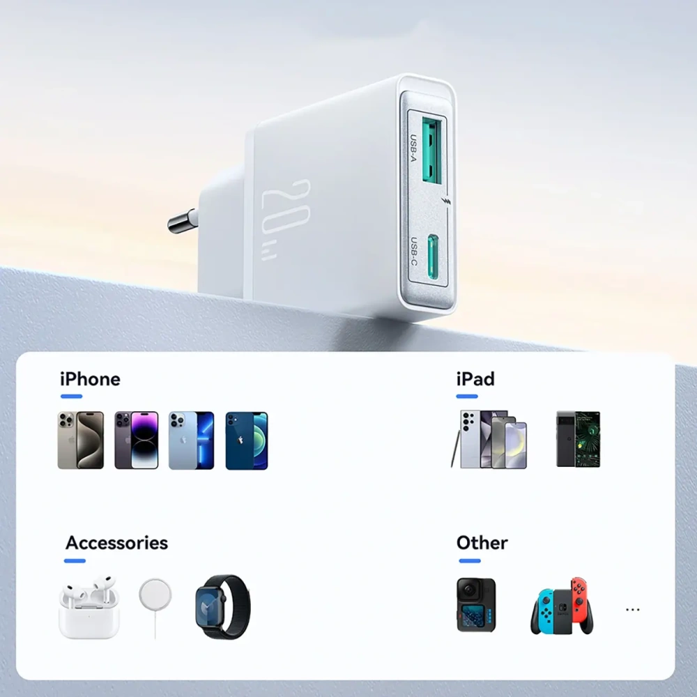 Hurtownia GSM - Joyroom JR-TCF14 hálózati töltő USB-A USB-C 20W PD QC3.0 fehér - JYR1099 - {ean13} - Hurt
