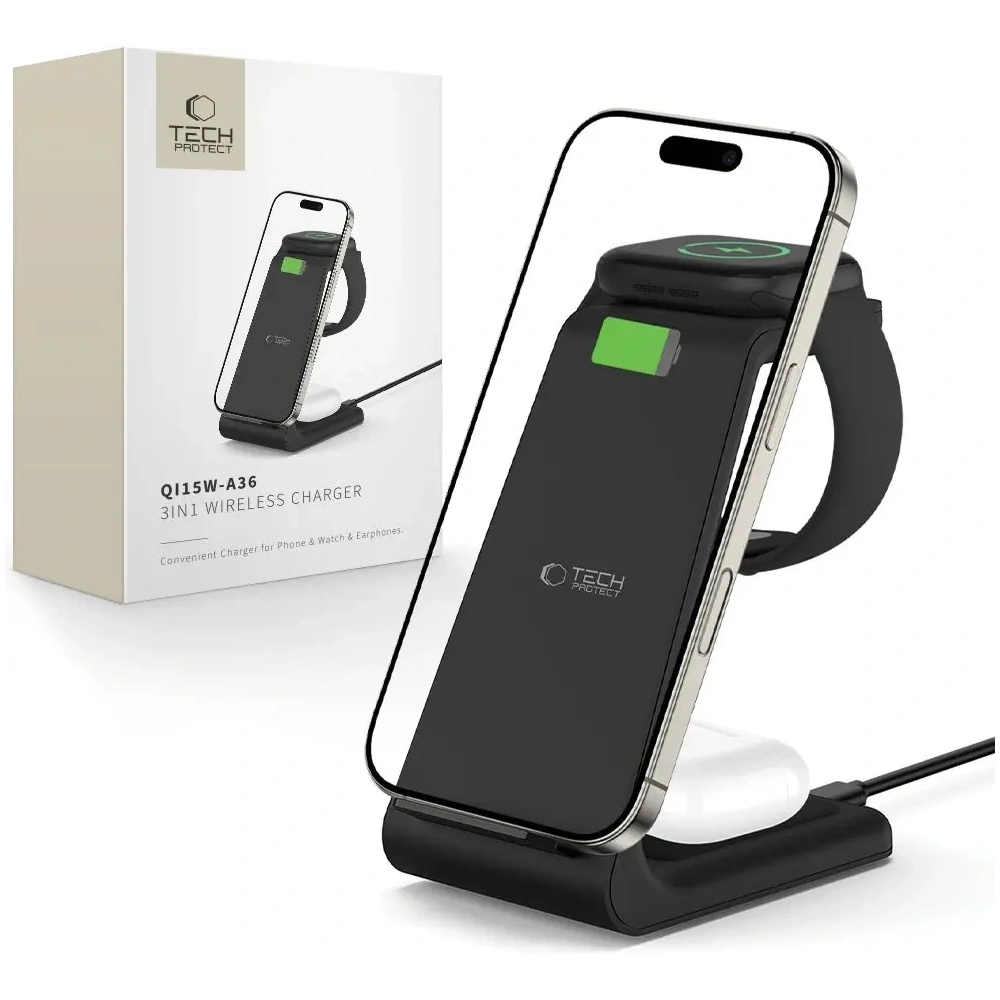 Hurtownia GSM - Tech-Protect QI15W-A36 3in1 Vezeték nélküli Töltő Apple számára Fekete - THP3614 - {ean13} - Hurt