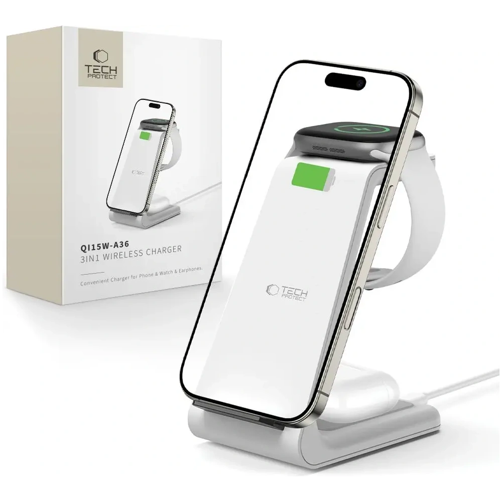Hurtownia GSM - Tech-Protect QI15W-A36 3in1 Vezeték nélküli Töltő Apple számára Fehér - THP3615 - {ean13} - Hurt