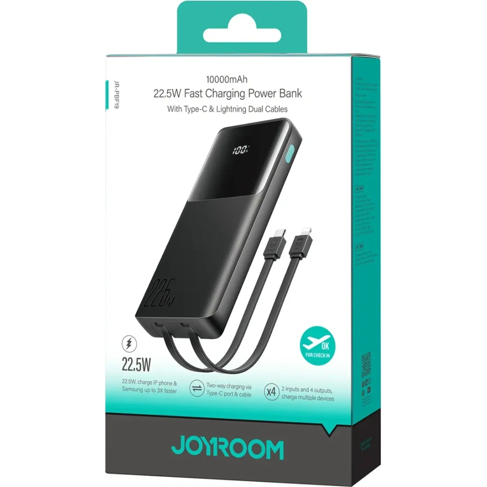 Hurtownia GSM - Joyroom powerbank JR-PBF19 22.5W 10000mAh + beépített USB-C, Lightning kábelek fekete - JYR1136 - {ean13} - Hurt
