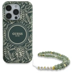 Wholesale Guess GUHMP16XHCPOFPA Apple iPhone 16 Pro Max hardcase IML Flowers Allover Electro With Pearl Strap MagSafe green - GUE4195 - {ean13} - Hurt