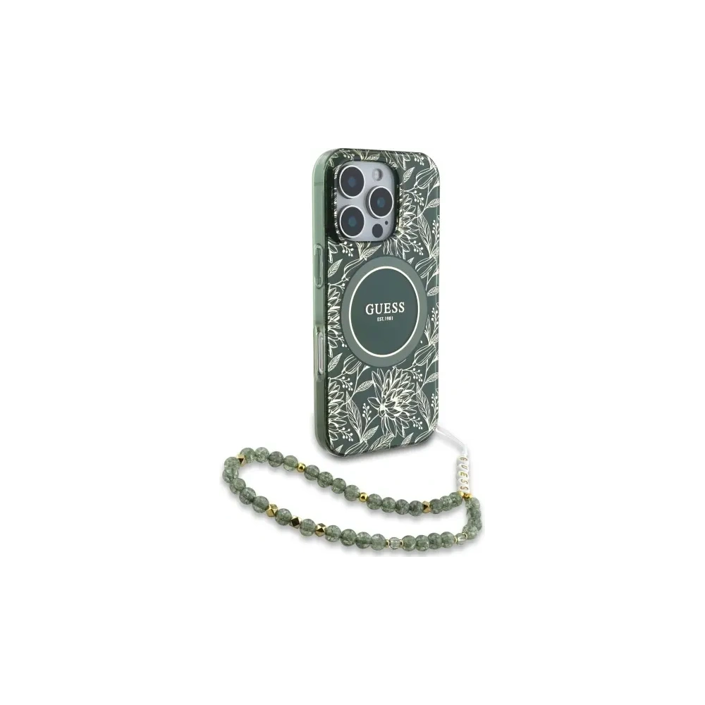 Hurtownia GSM - Guess GUHMP16XHCPOFPA Apple iPhone 16 Pro Max Hartschale IML Blumen Allover Elektro mit Perlenriemen MagSafe grün - GUE4195 - {ean13} - Hurt