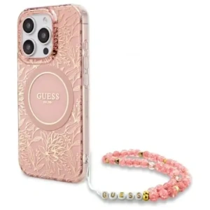 Wholesale Guess GUHMP16XHCPOFPP Apple iPhone 16 Pro Max hardcase IML Flowers Allover Electro With Pearl Strap MagSafe pink - GUE4201 - {ean13} - Hurt
