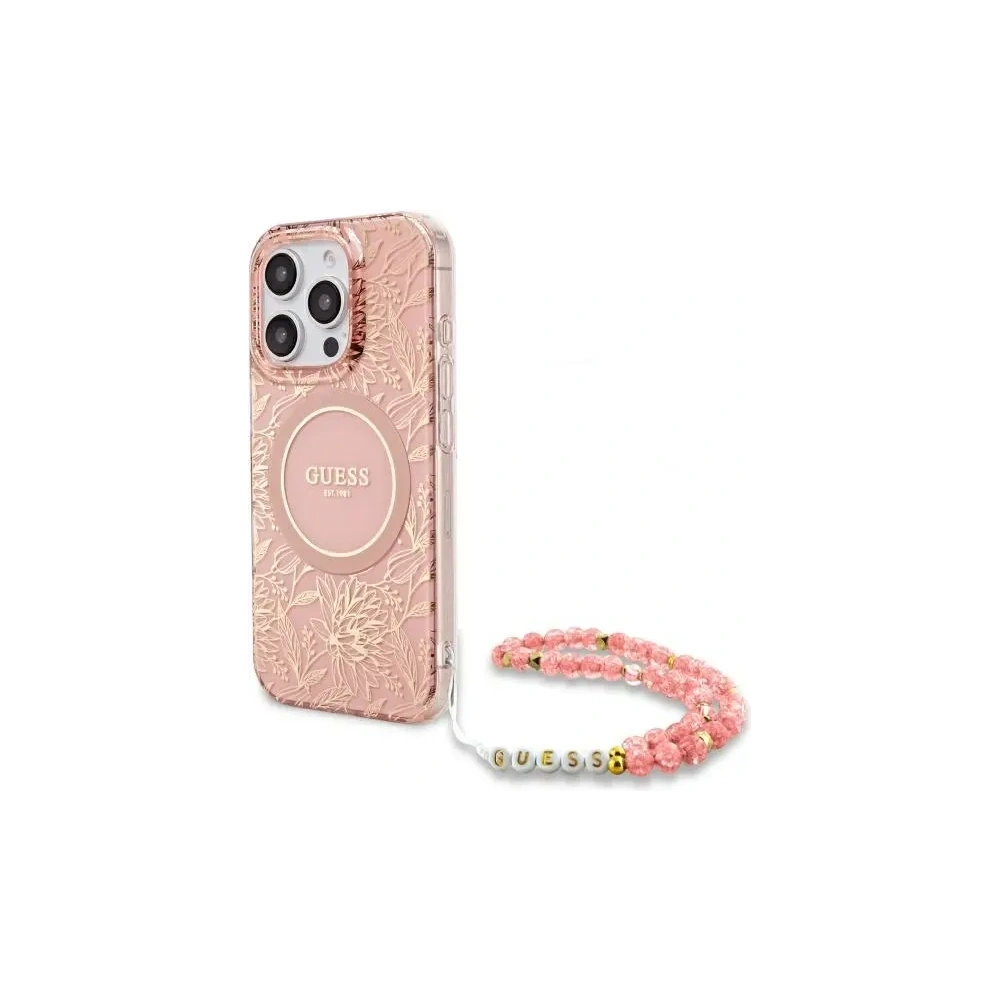 Hurtownia GSM - Guess GUHMP16XHCPOFPP Apple iPhone 16 Pro Max carcasă rigidă IML Flori Allover Electro cu curea din perlă MagSafe roz - GUE4201 - {ean13} - Hurt