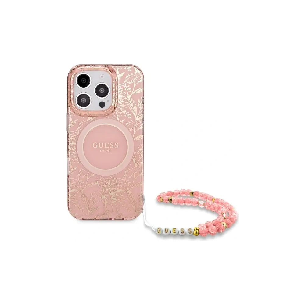 Hurtownia GSM - Guess GUHMP16XHCPOFPP Apple iPhone 16 Pro Max carcasă rigidă IML Flori Allover Electro cu curea din perlă MagSafe roz - GUE4201 - {ean13} - Hurt