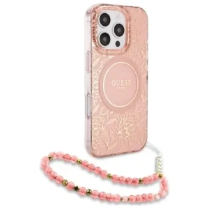 Wholesale Guess GUHMP16XHCPOFPP Apple iPhone 16 Pro Max hardcase IML Flowers Allover Electro With Pearl Strap MagSafe pink - GUE4201 - {ean13} - Hurt