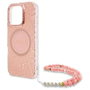 Wholesale Guess GUHMP16XHCPOFPP Apple iPhone 16 Pro Max hardcase IML Flowers Allover Electro With Pearl Strap MagSafe pink - GUE4201 - {ean13} - Hurt