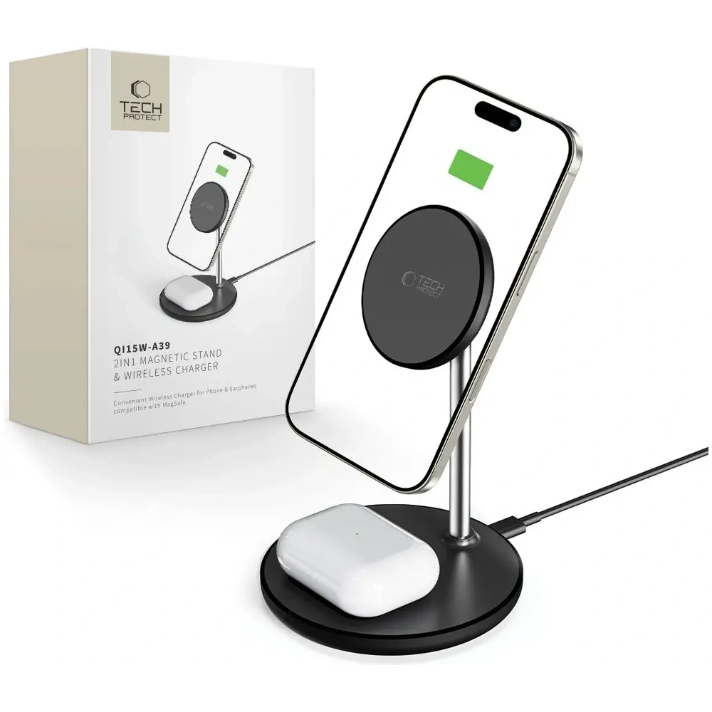 Hurtownia GSM - Tech-Protect QI15W-A39 2in1 Magnetic Încărcător Wireless MagSafe Negru - THP3616 - {ean13} - Hurt