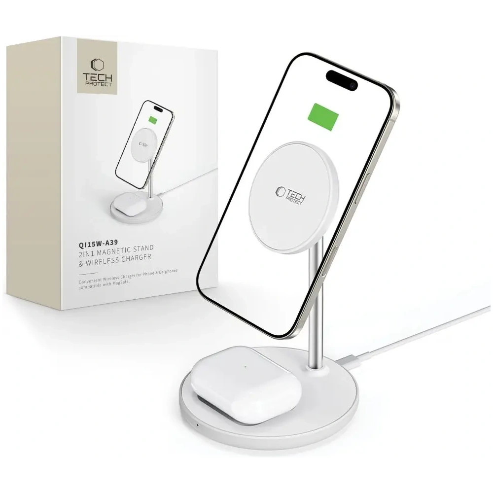Hurtownia GSM - Tech-Protect QI15W-A39 2in1 Magnetic MagSafe Vezeték nélküli Töltő Fehér - THP3617 - {ean13} - Hurt