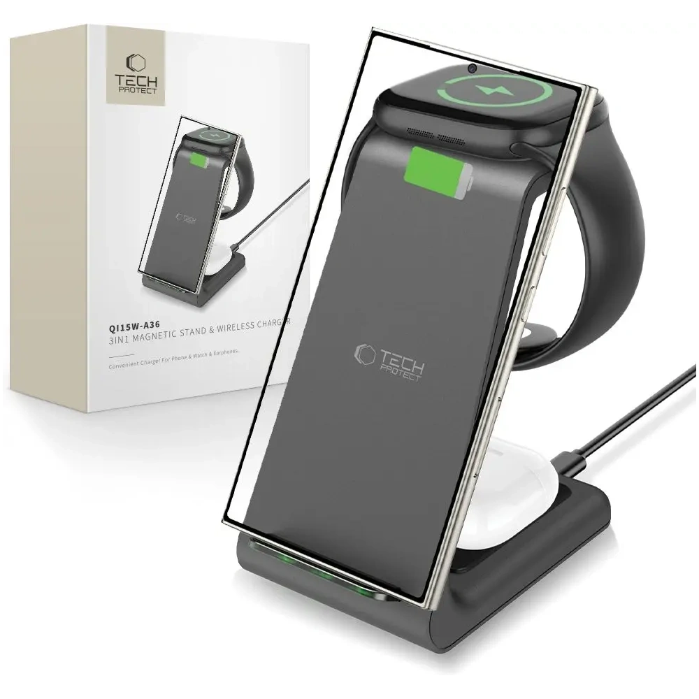 Hurtownia GSM - Tech-Protect QI15W-A36 3in1 Vezeték nélküli töltő Androidhoz Fekete - THP3623 - {ean13} - Hurt