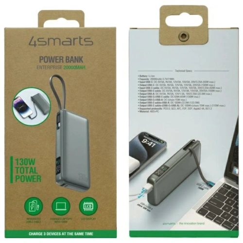 Powerbank 4smarts Enterprise 20000mAh 130W z wbudowanym kablem USB-C szary/space grey