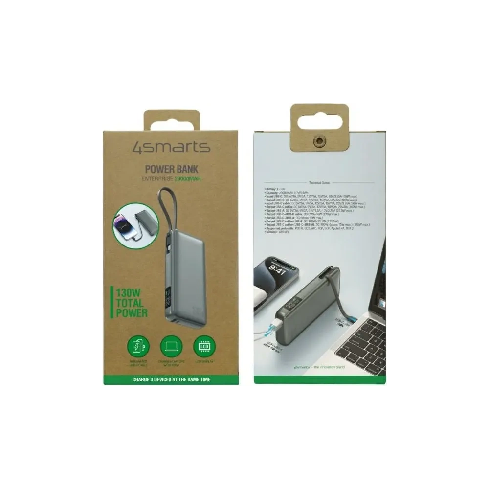 Hurtownia GSM - 4smarts Enterprise Powerbank 20000mAh 130W cu cablu integrat USB-C, gri metalic - 4SMR59 - {ean13} - Hurt