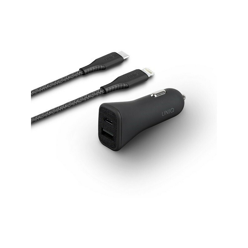 Uniq Distributor - 8886463672563 - UNIQ215BLK - UNIQ Car Charger Votra Duo P30 USB-C PD 30W MFI + cable USB-C to lightning charcoal black - B2B homescreen