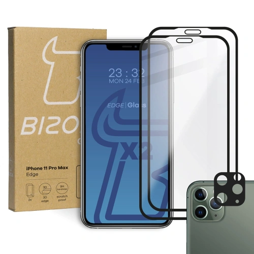 Szkło hartowane Bizon Glass Edge CF - [2 PACK] + ochrona na obiektyw Apple iPhone 11 Pro Max czarne