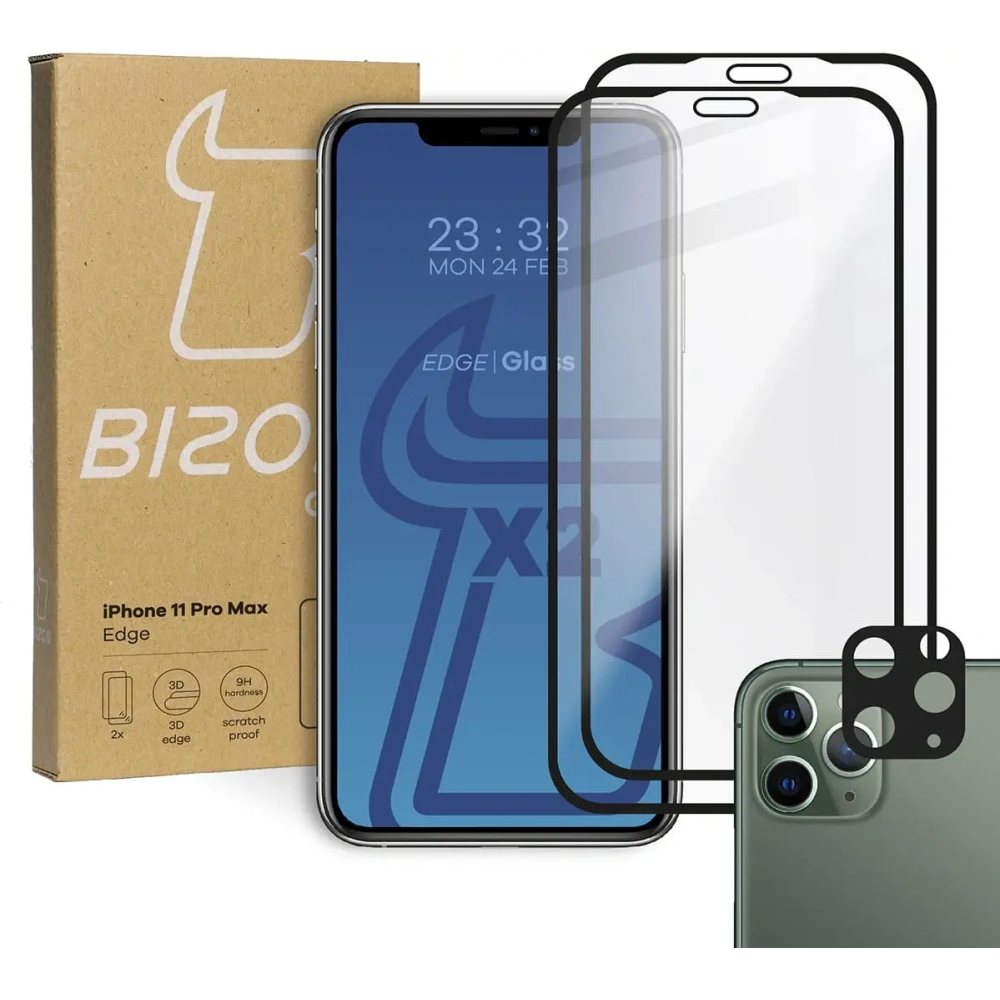 Hurtownia GSM - Bizon Glass Edge CF edzett üveg - [2 PACK] + lencsevédő Apple iPhone 11 Pro Max fekete - BIZ109 - {ean13} - Hurt