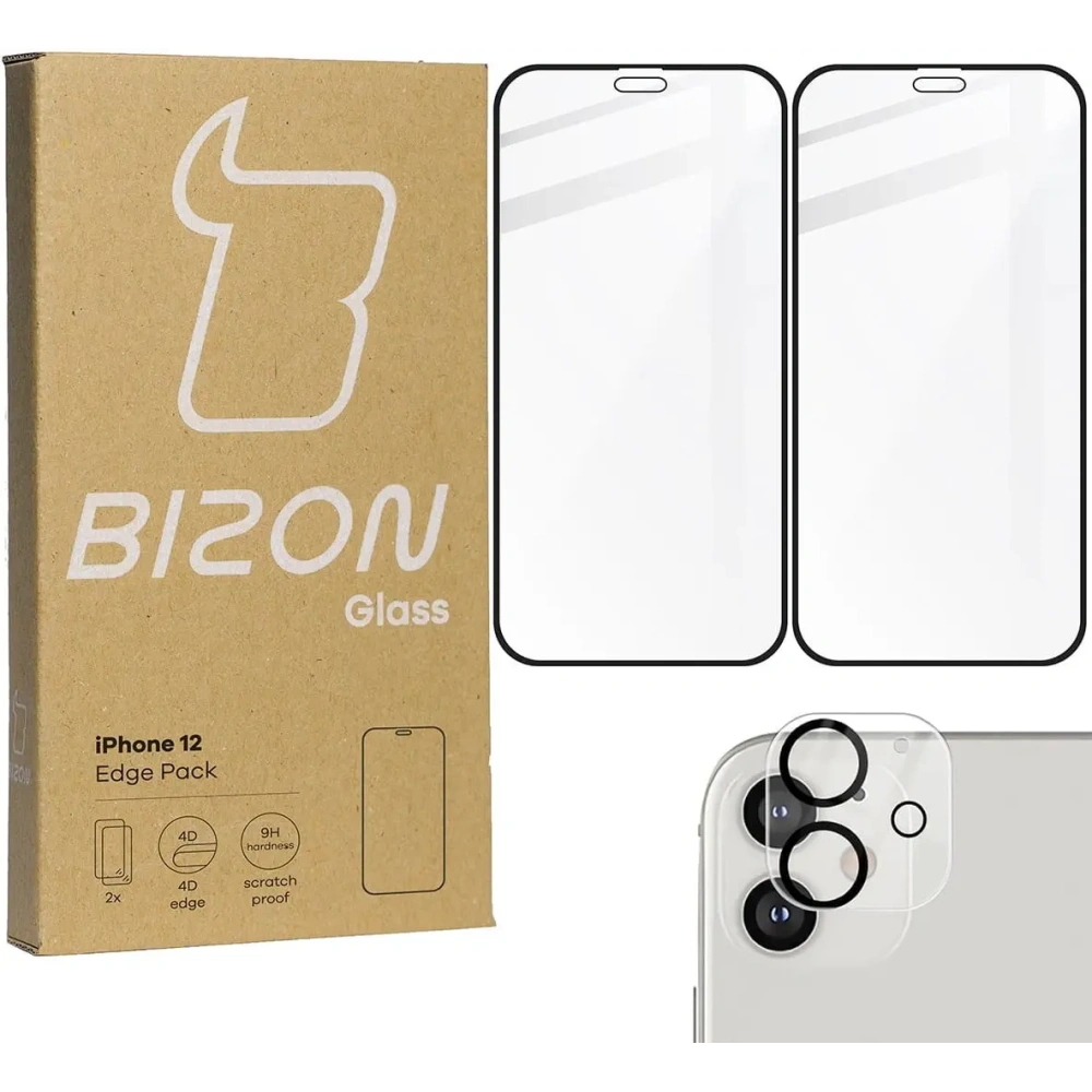 Hurtownia GSM - Tvrdé sklo Bizon Glass Edge CF - [2 PACK] + ochrana na objektiv Apple iPhone 12 černé - BIZ117 - {ean13} - Hurt