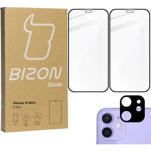 Szkło hartowane Bizon Glass Edge CF - [2 PACK] + ochrona na obiektyw Apple iPhone 12 Mini czarne