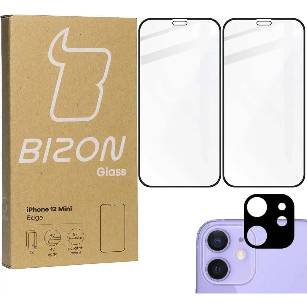 Hurtownia GSM - Bizon Glass Edge CF edzett üveg - [2 CSOMAG] + lencsevédő Apple iPhone 12 Mini fekete - BIZ119 - {ean13} - Hurt