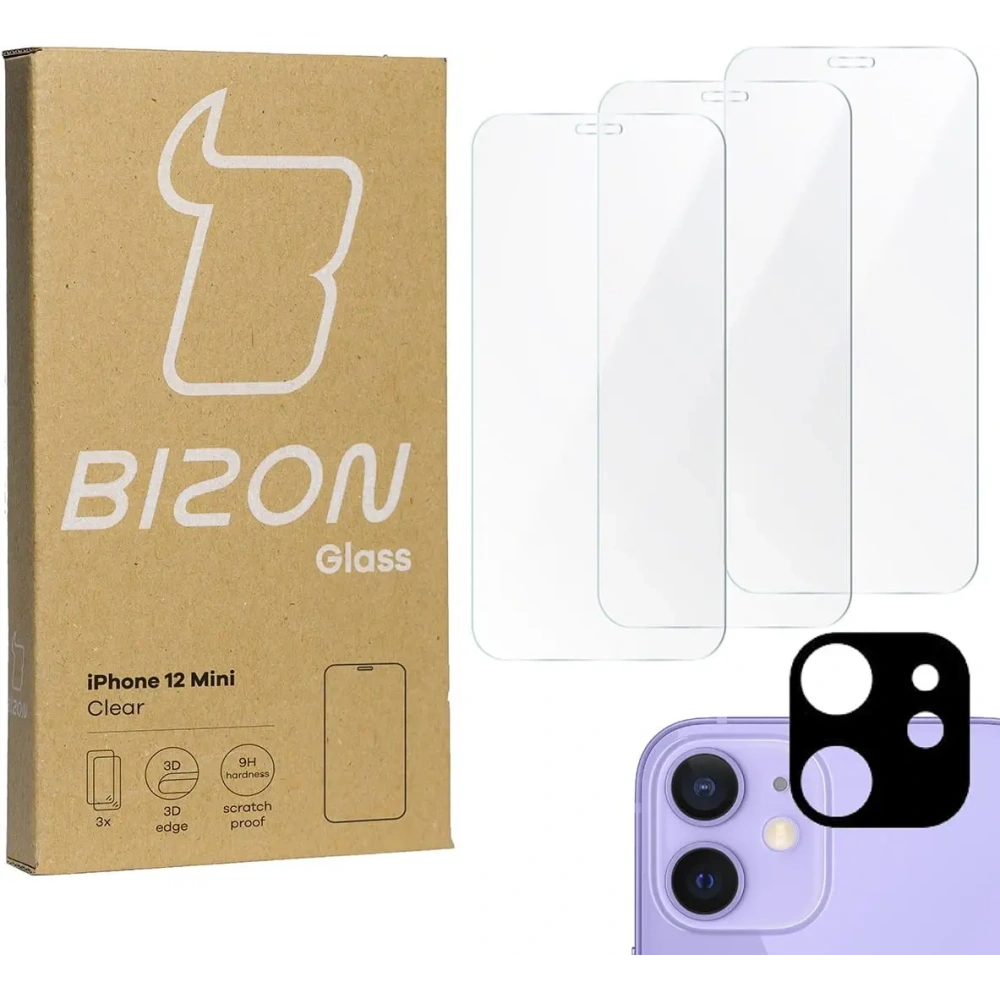Hurtownia GSM - Bizon üveg Átlátszó edzett üveg - 3 db. + lencse üveg Apple iPhone 12 Mini - BIZ121 - {ean13} - Hurt
