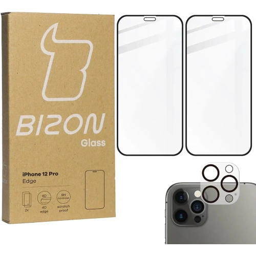 Szkło hartowane Bizon Glass Edge CF - [2 PACK] + ochrona na obiektyw Apple iPhone 12 Pro czarne