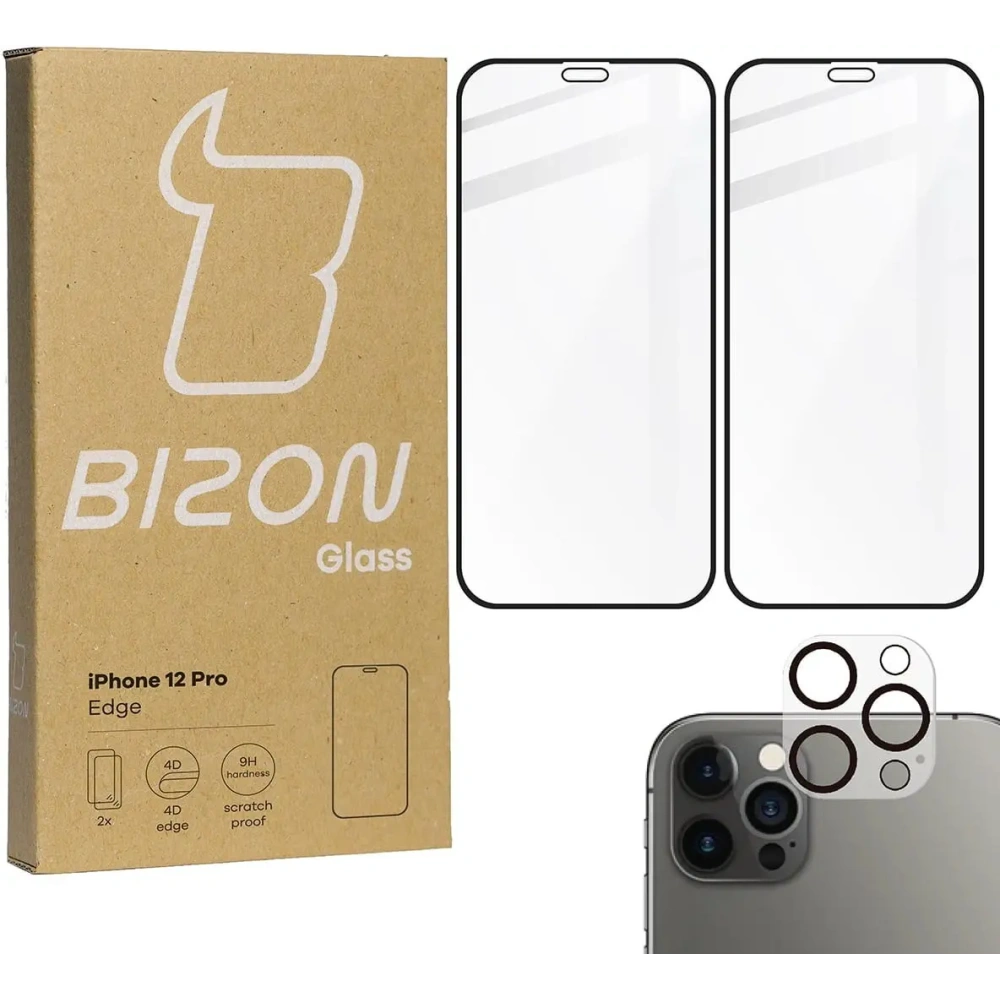 Hurtownia GSM - Tvrzené sklo Bizon Glass Edge CF - [2 PACK] + ochrana objektivu Apple iPhone 12 Pro černé - BIZ127 - {ean13} - Hurt