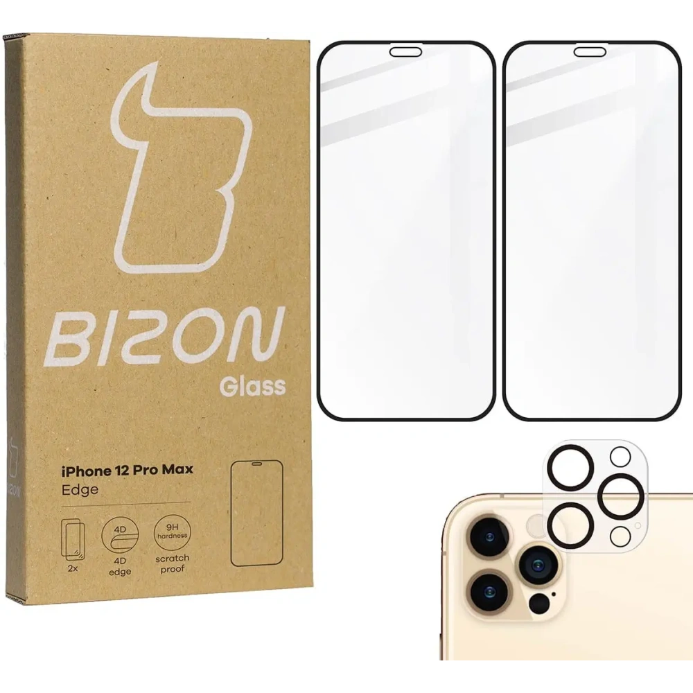 Hurtownia GSM - Bizon Glass Edge CF sticlă securizată - [2 PACK] + protecție pentru lentile Apple iPhone 12 Pro Max negru - BIZ134 - {ean13} - Hurt