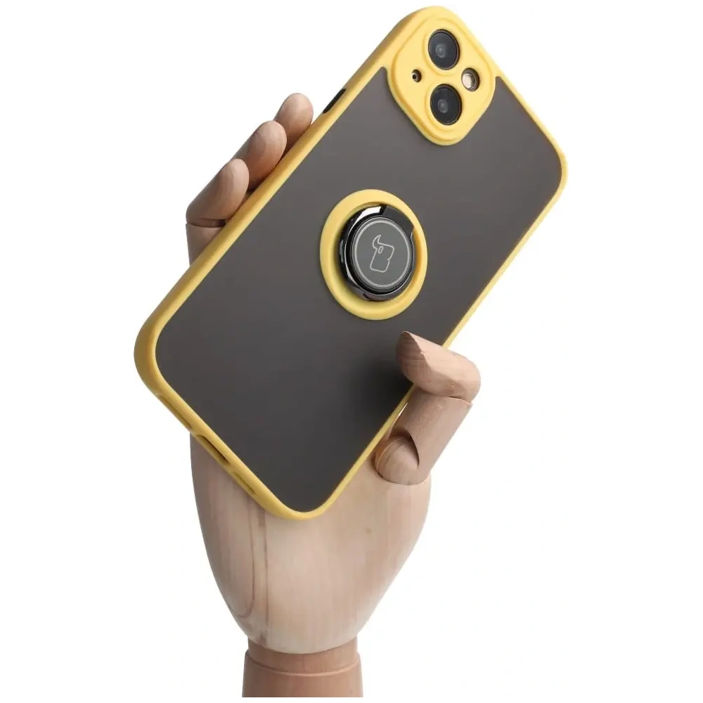Hurtownia GSM - Etui z uchwytem na palec Bizon Case Hybrid Ring do Apple iPhone 14 Plus przydymione z żółtą ramką - BIZ200 - {ean13} - Hurt